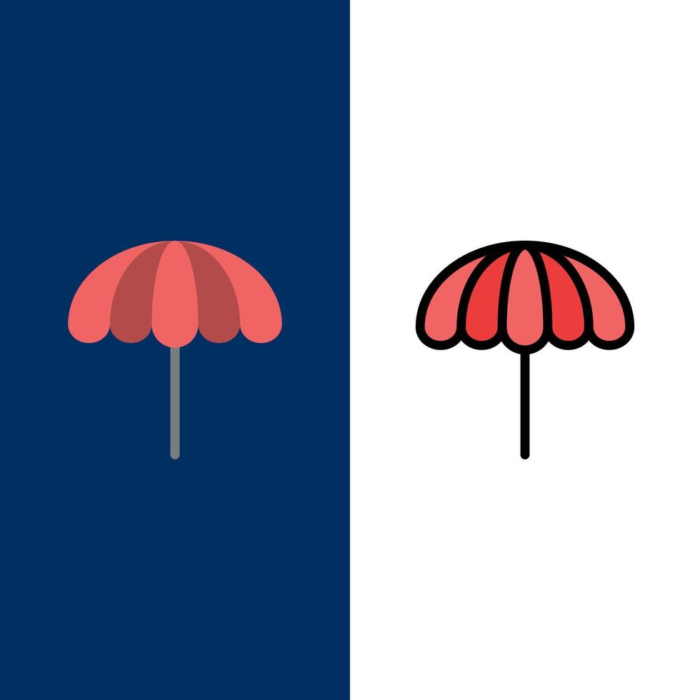 strand paraply väder våt ikoner platt och linje fylld ikon uppsättning vektor blå bakgrund