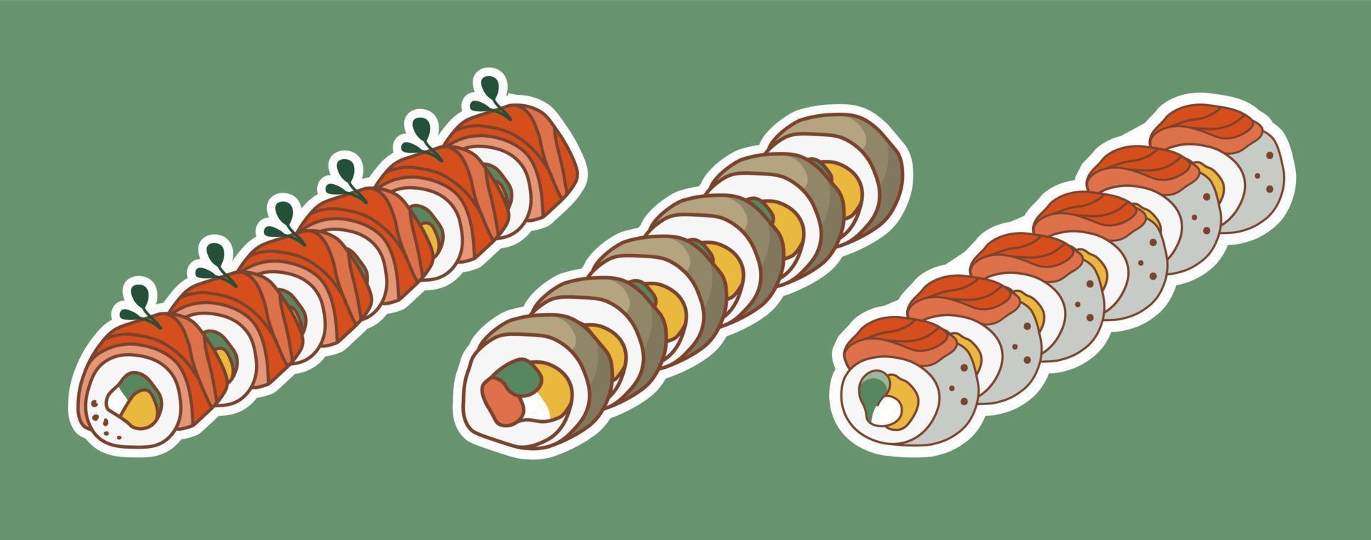 illustration av sushi. japansk mat. asiatisk mat klistermärken. lämplig för restaurang banderoller, logotyper, och snabb mat annonser. vektor