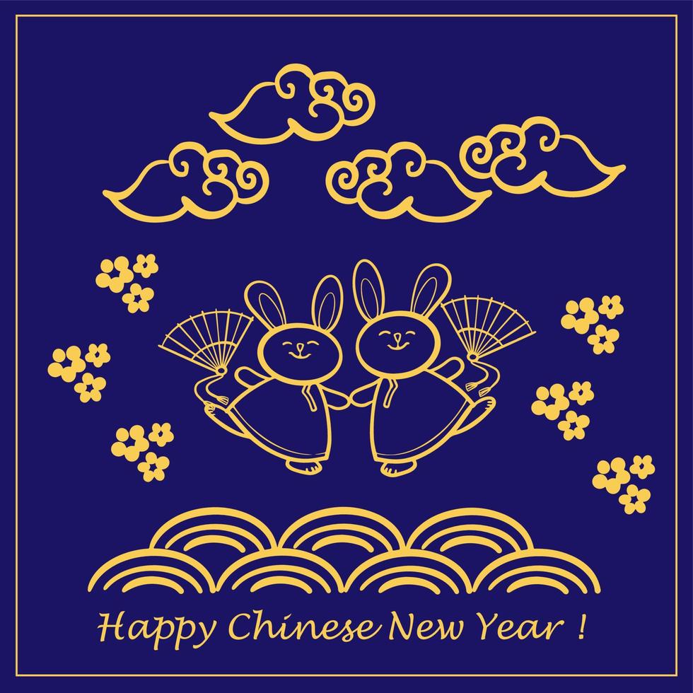 chinesisches neujahr 2023, das jahr des kaninchens, dunkelblauer hintergrund und goldene strichzeichnungen, einfache handgezeichnete asiatische elemente. vektor