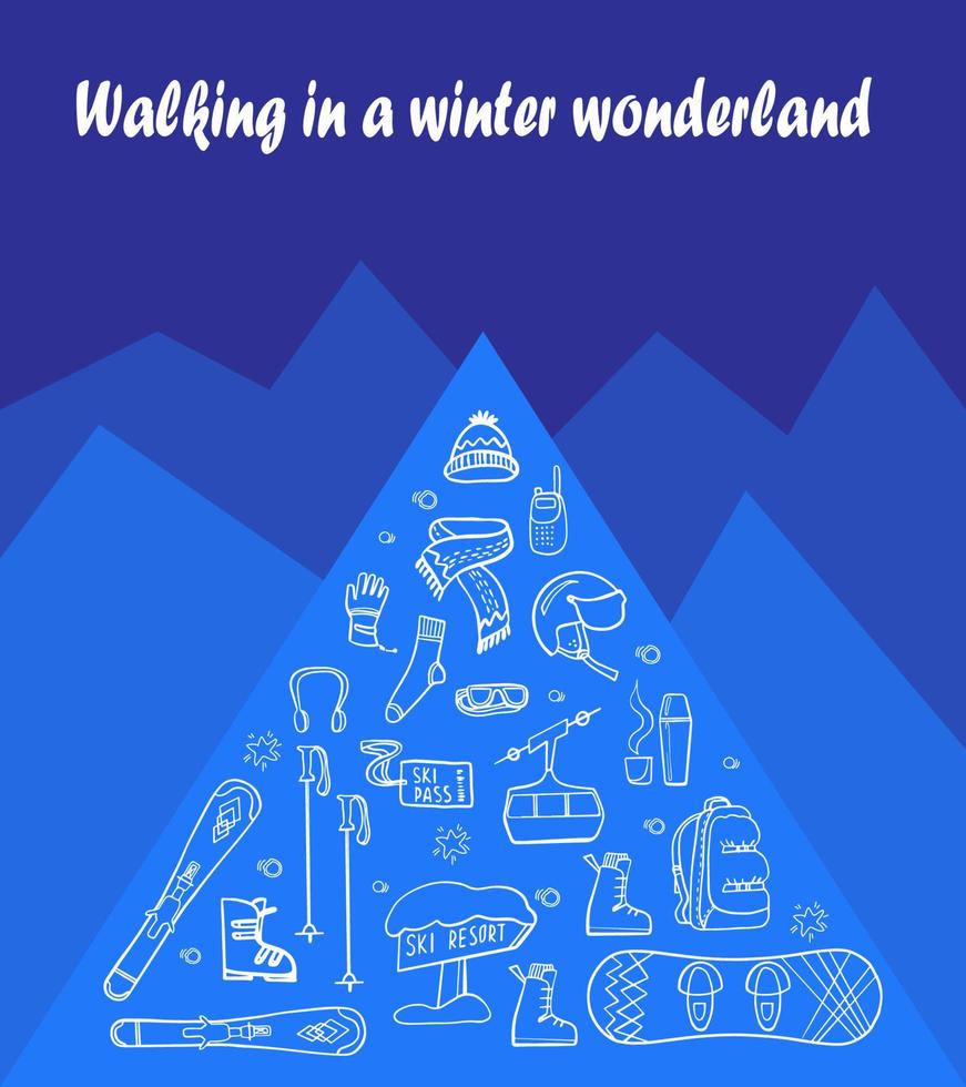 Winter-Grußkarte. Winterskifiguren und verschiedene Symbole. minimale vektorillustration der flachen designart. Poster Design vektor