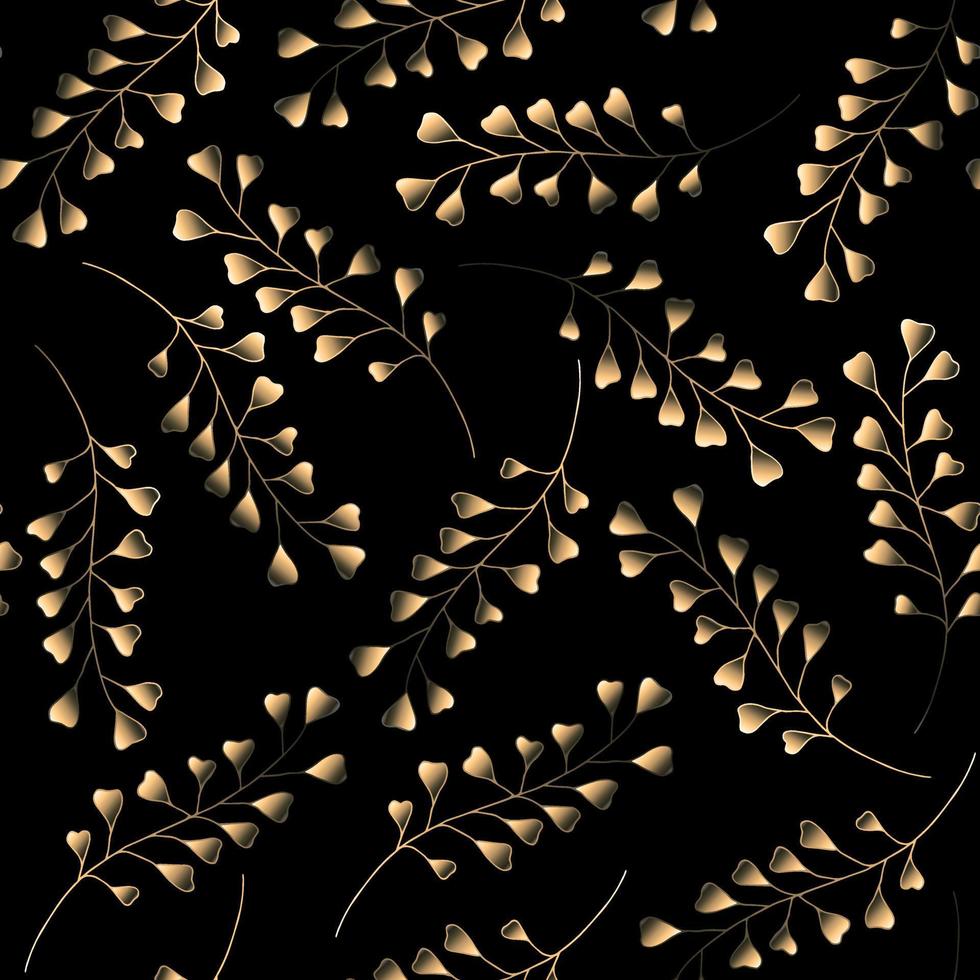 Goldniederlassungen auf nahtlosem Muster des schwarzen Hintergrundes. handgezeichnete botanische elemente. Vektorgrafiken vektor