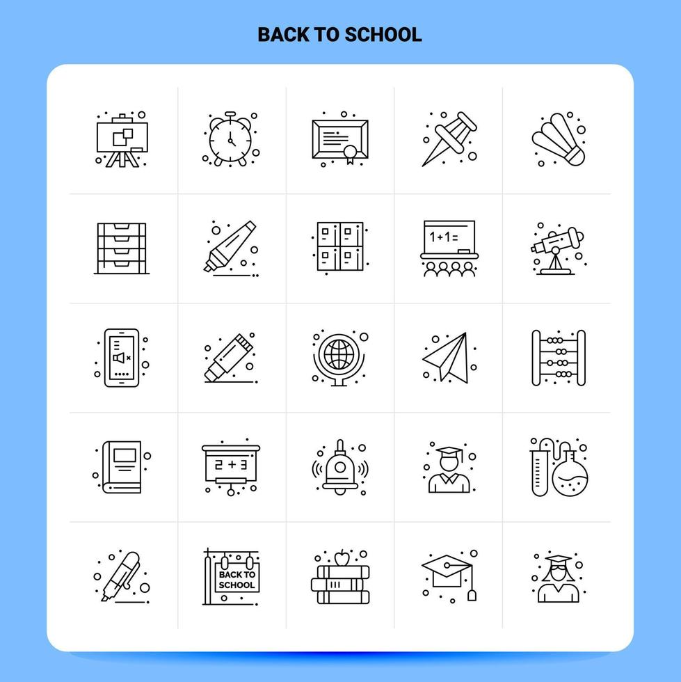 Umriss 25 zurück zur Schule Icon Set Vektor Linienstil Design schwarze Icons Set lineare Piktogramm Pack Web und mobile Geschäftsideen Design Vektor Illustration