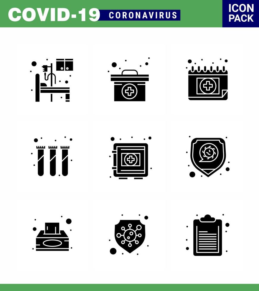 9 Solid Glyph Black Coronavirus Epidemie Icon Pack saugen als medizinische Reagenzgläser Termin Testexperiment Virales Coronavirus 2019nov Krankheitsvektor Designelemente vektor