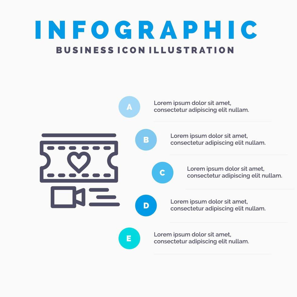 Film Herz Liebe Hochzeit Liniensymbol mit 5 Schritten Präsentation Infografiken Hintergrund vektor