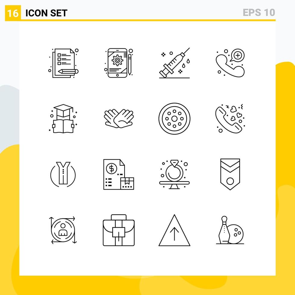 satz von 16 modernen ui-symbolen symbole zeichen für bildungsbuch medizinischer notruf kontakt editierbare vektordesignelemente vektor