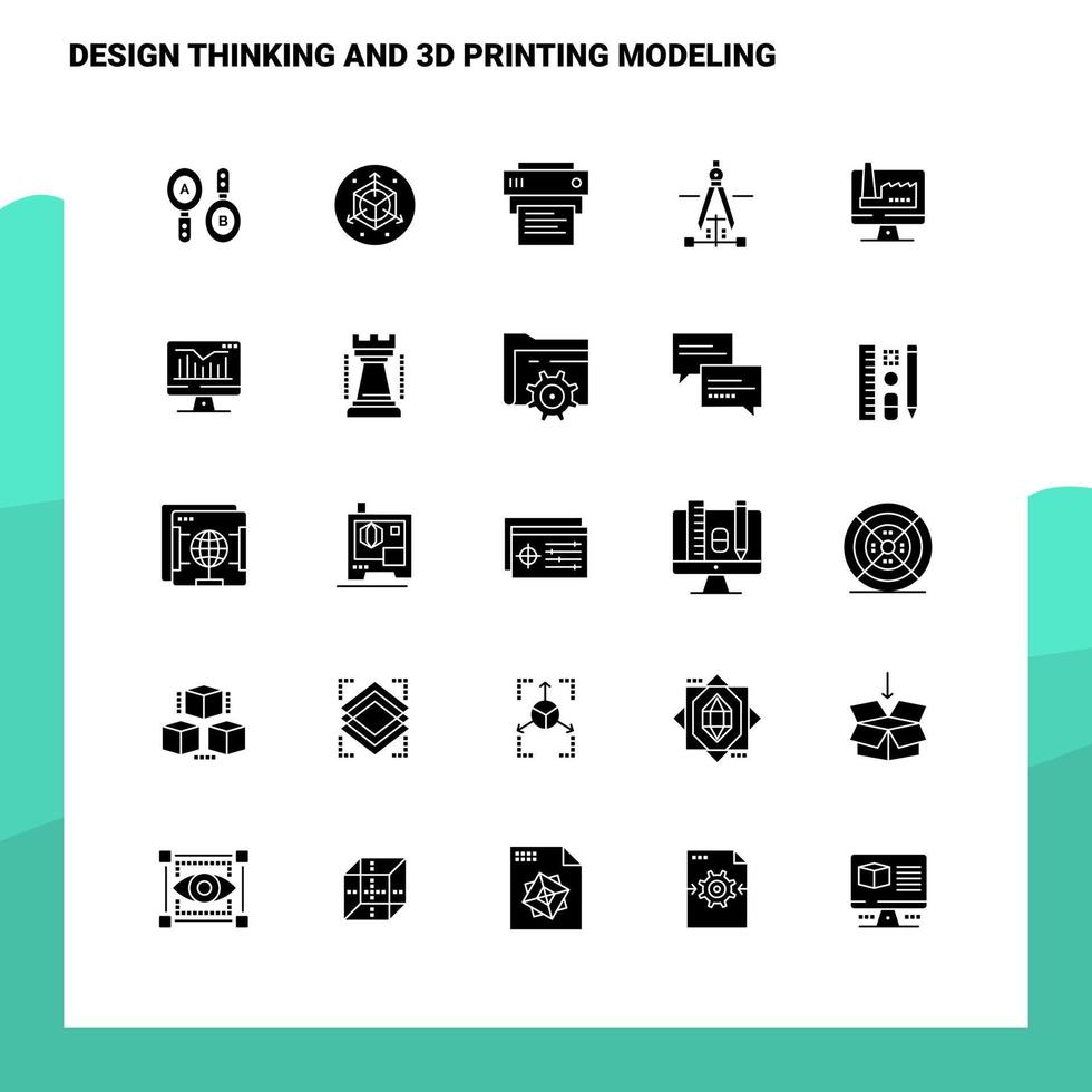 25 design tänkande och 3d utskrift modellering ikon uppsättning. fast glyf ikon vektor illustration mall för webb och mobil. idéer för företag företag.