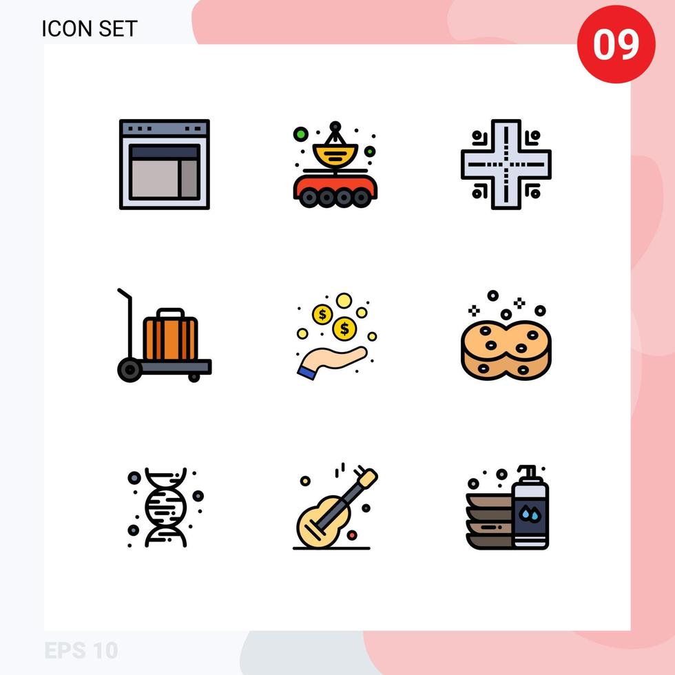 9 universelle Filledline-Flachfarben für Web- und mobile Anwendungen Geldhandparabelgepäcktechnologie editierbare Vektordesignelemente vektor