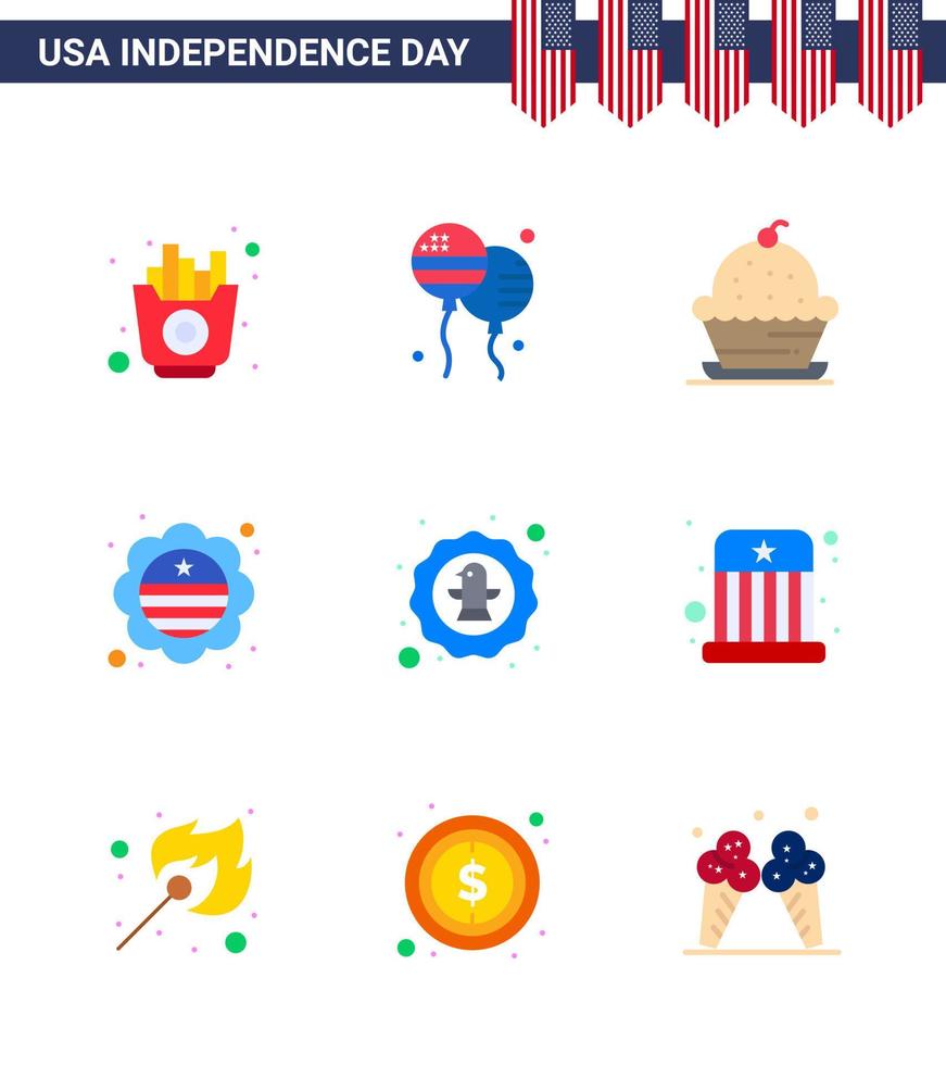 flache Packung mit 9 Usa-Unabhängigkeitstag-Symbolen der amerikanischen internationalen Flagge Kuchen Flagge Thanksgiving editierbare Usa-Tag-Vektor-Design-Elemente vektor