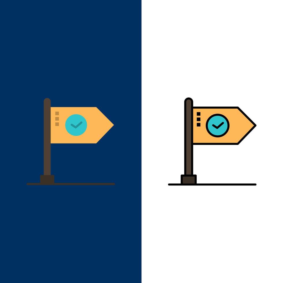 Erfolg erreichen Business Flag Zielmarke Zeichen Symbole flach und Linie gefüllt Icon Set Vektor blauen Hintergrund