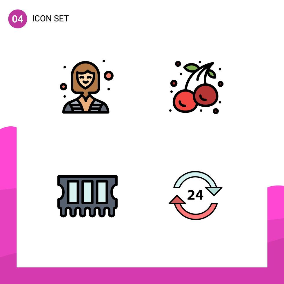 Packung mit 4 modernen Filledline-Flachfarben Zeichen und Symbolen für Web-Printmedien wie weibliche Gedächtnisarbeiterin Food Concierge editierbare Vektordesign-Elemente vektor