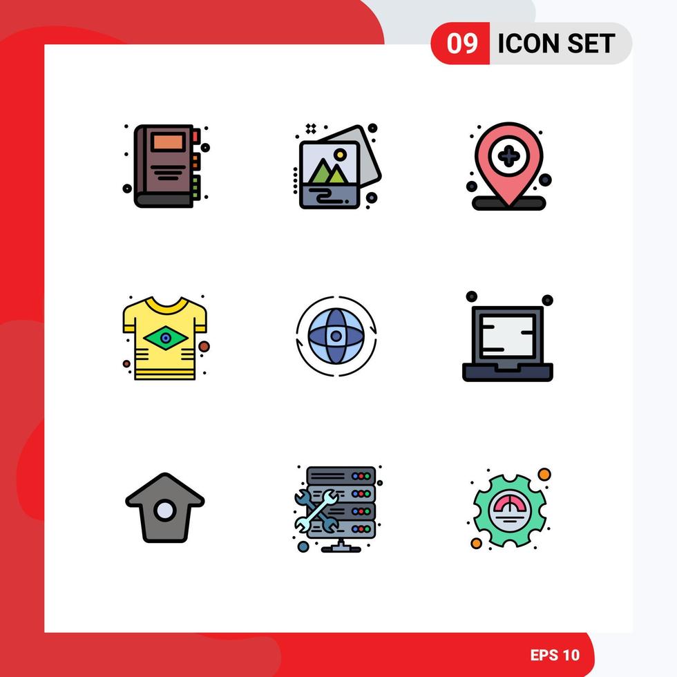 Aktienvektor-Symbolpaket mit 9 Zeilenzeichen und Symbolen für Welt-T-Shirt-Standortfahne brasilianische editierbare Vektordesign-Elemente vektor