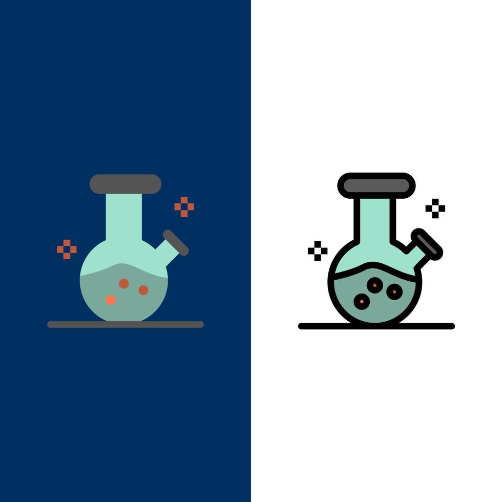 Demoflasche Labor Trank Symbole flach und Linie gefüllt Icon Set Vektor blauen Hintergrund