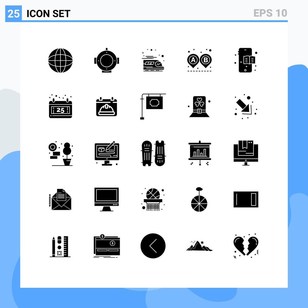 moderner satz von 25 soliden glyphen und symbolen wie weihnachtsbildungsbuchzug mobile route editierbare vektordesignelemente vektor