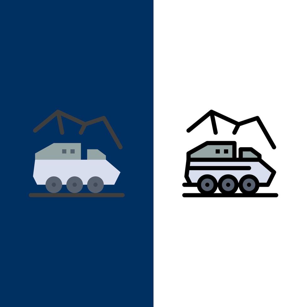 Exploration Planet Rover Oberflächentransport Symbole flach und Linie gefüllt Icon Set Vektor blauen Hintergrund