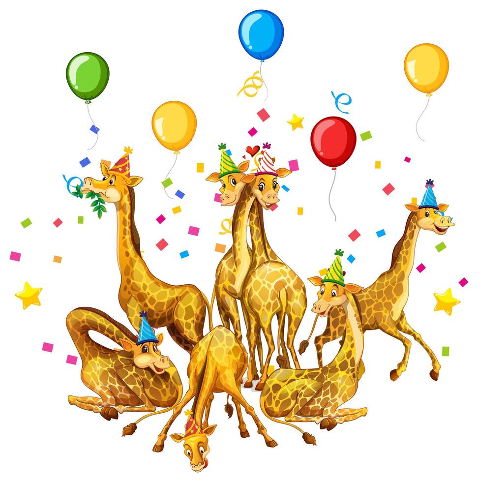 Giraffengruppe in der Partythema-Zeichentrickfigur auf weißem Hintergrund vektor