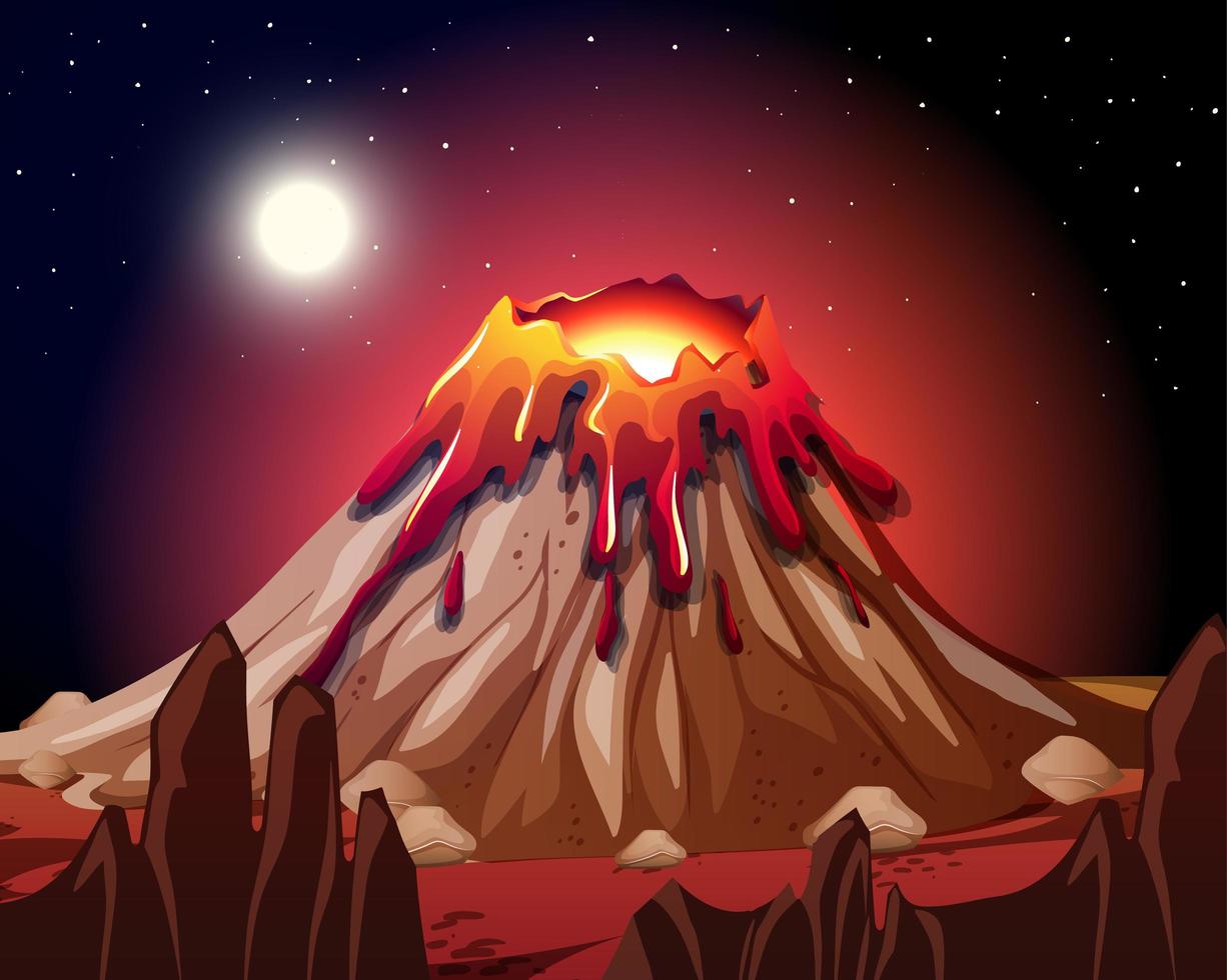 Vulkanausbruch in der Naturszene bei Nacht vektor