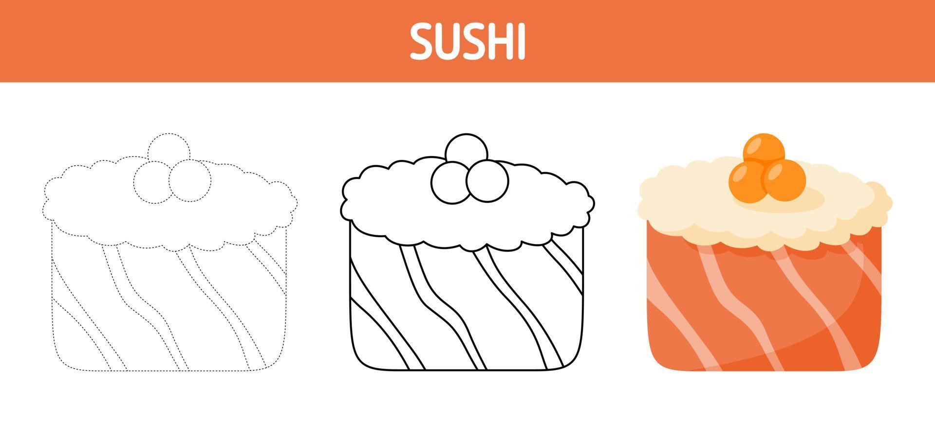 Arbeitsblatt zum Nachzeichnen und Ausmalen von Sushi für Kinder vektor