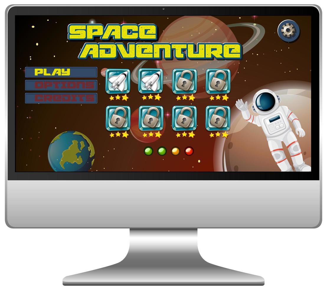 Weltraum-Abenteuer-Missionsspiel auf dem Computerbildschirm vektor