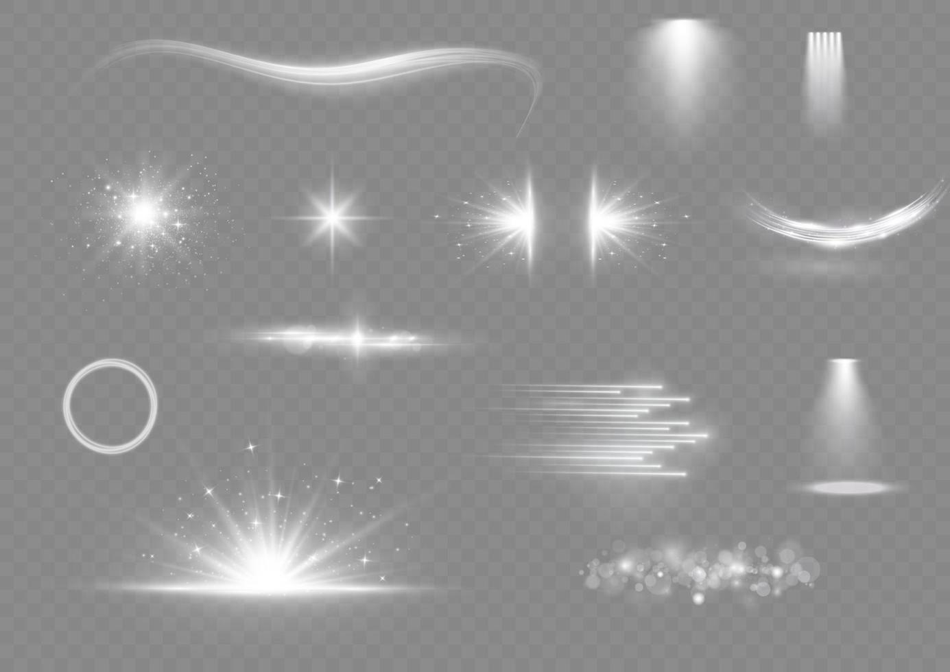 ljus effekt uppsättning. glöd isolerat vit ljus effekt uppsättning. lins blossa, explosion, glitter, damm, linje, Sol blixt, gnista och stjärnor, strålkastare, kurva snurra. solljus, abstrakt särskild effekt. vektor