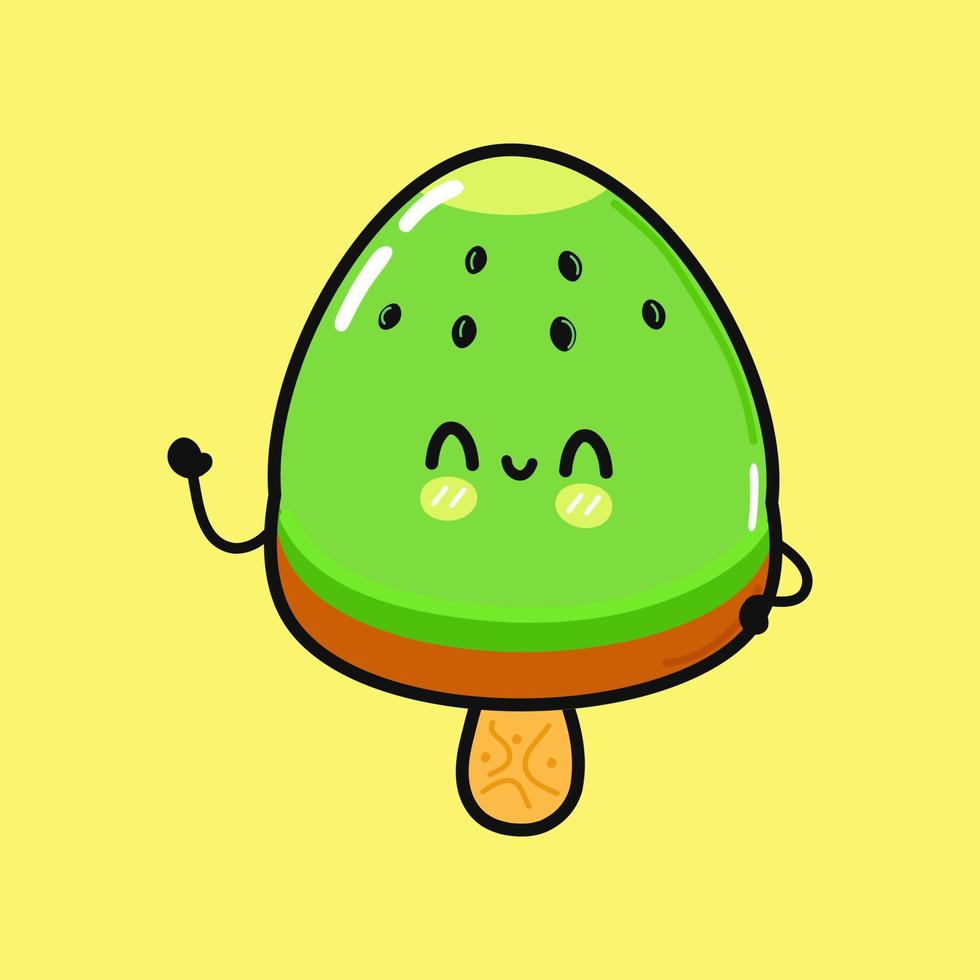 süßer lustiger Kiwi-Eis-Charakter. vektor hand gezeichnete karikatur kawaii charakter illustration symbol. isoliert auf gelbem Hintergrund. Kiwi-Eis-Charakter-Konzept