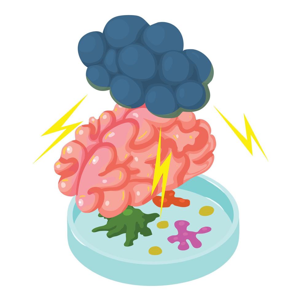 Isometrischer Vektor des Gehirnkrankheitssymbols. Wolke mit Blitz über Gehirn-Petrischale