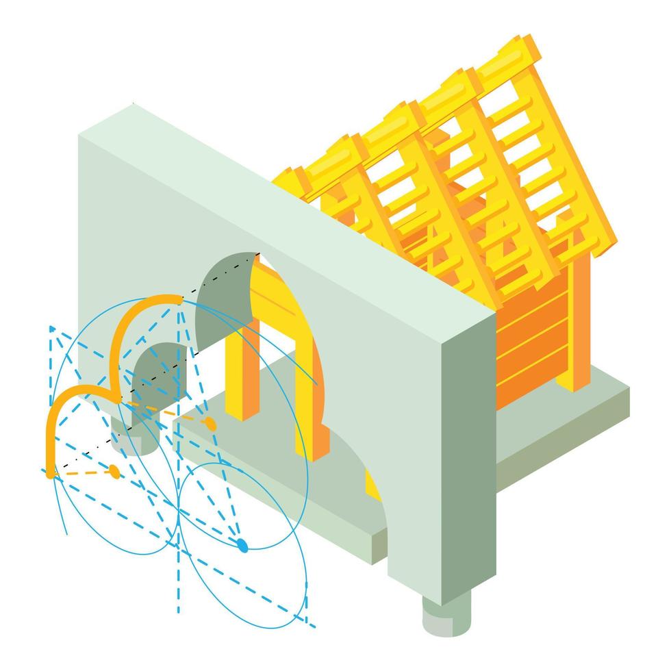 isometrischer vektor des gebäudesymbols. Bogenprojekt Holzgebäude im Bau