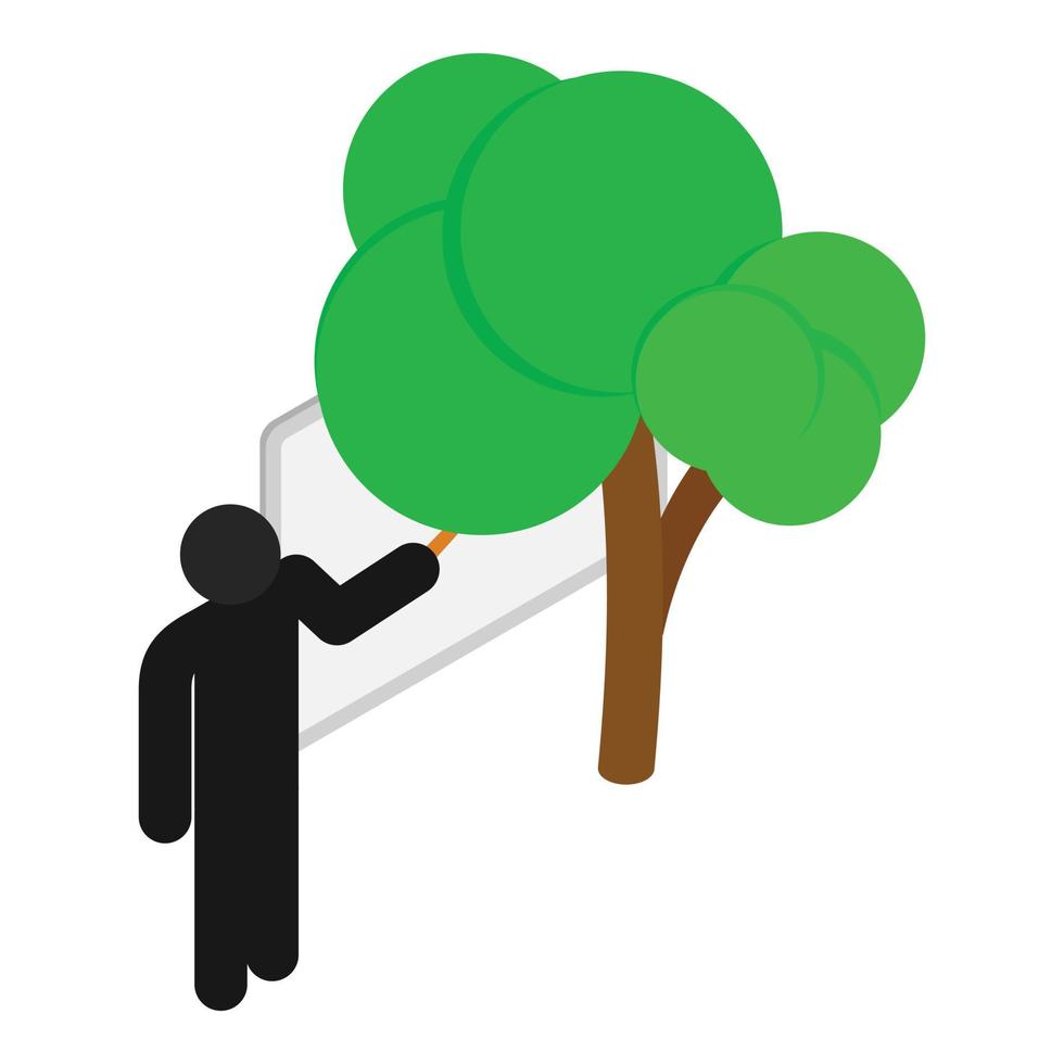 presentation begrepp ikon isometrisk vektor. stickman nära vit styrelse grön träd vektor