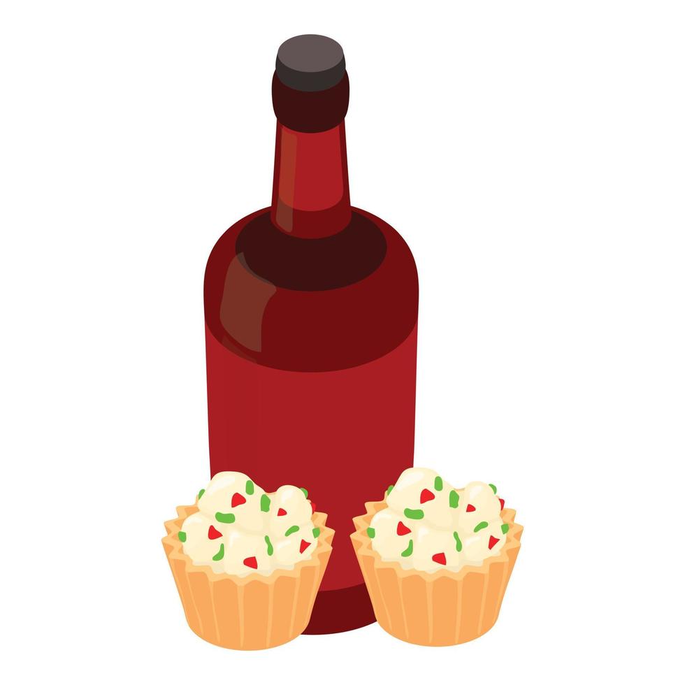 isometrischer vektor der traditionellen produktikone. Flasche belgisches Bier und Cupcake-Symbol