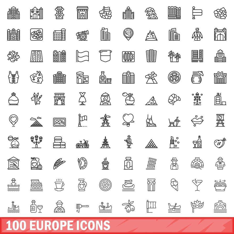 100 Europa-Icons gesetzt, Umrissstil vektor