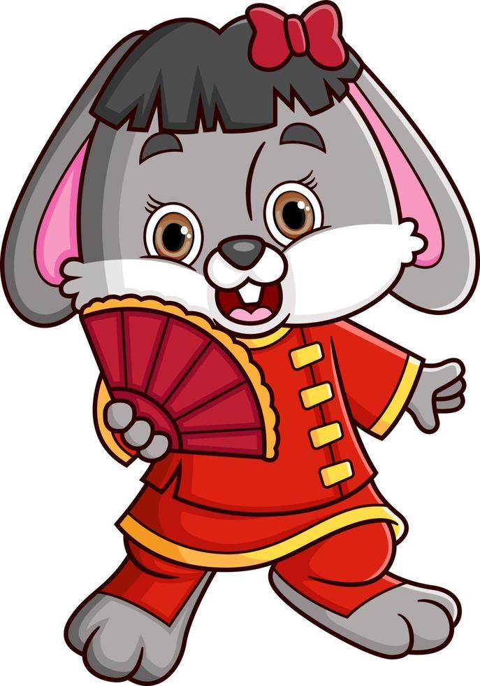 kanin bär kinesisk traditionell klänning Cheongsam och innehav kinesisk fläkt vektor