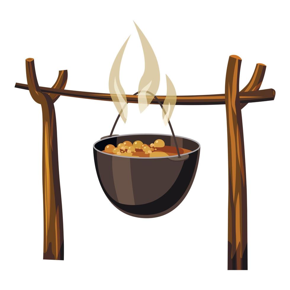 soppa på läger brand ikon, tecknad serie stil vektor