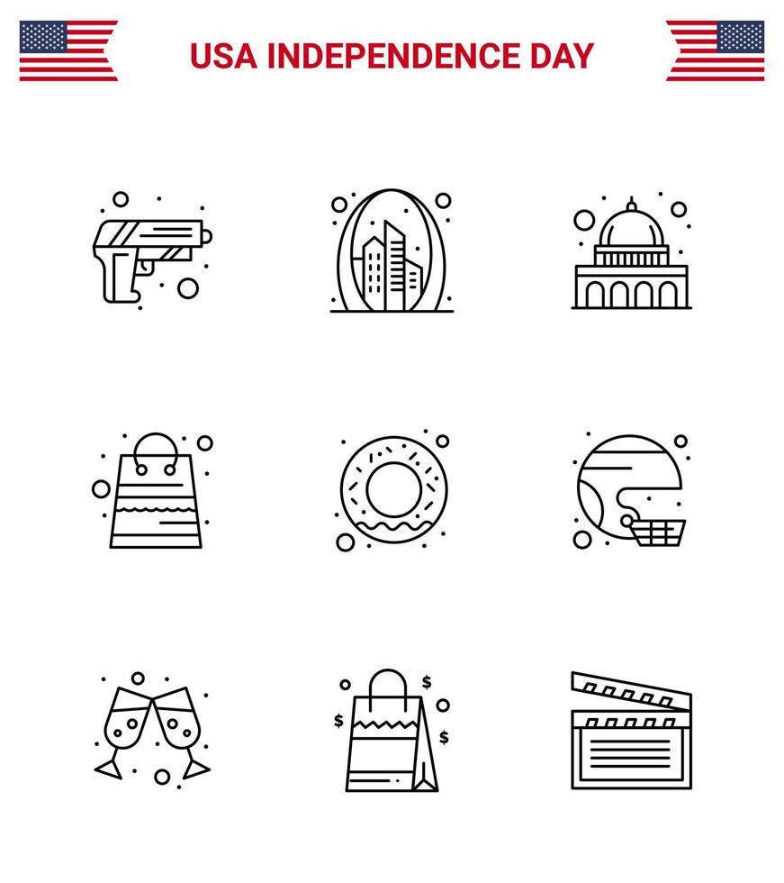 9 Zeilenzeichen für USA-Unabhängigkeitstag-Donut-Pakete USA-Geld Wisconsin editierbare USA-Tag-Vektordesign-Elemente vektor