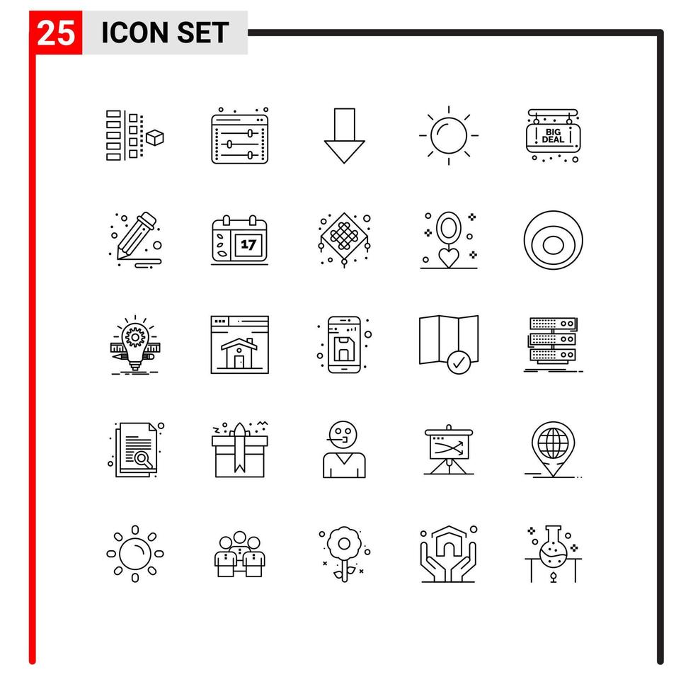 25 universelle Linien für Web- und mobile Anwendungen Grand Sale Sun Web Setting Aufstiegsrichtung editierbare Vektordesign-Elemente vektor