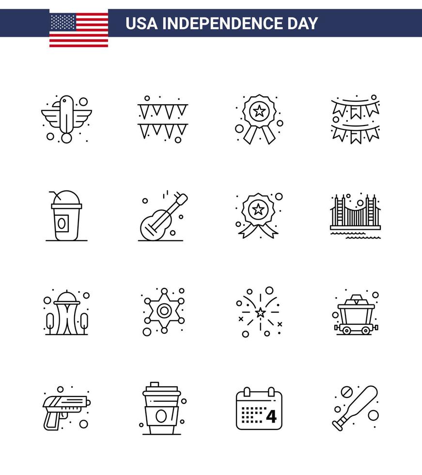 4:e juli USA Lycklig oberoende dag ikon symboler grupp av 16 modern rader av Amerika fest bricka dekoration amerikan redigerbar USA dag vektor design element