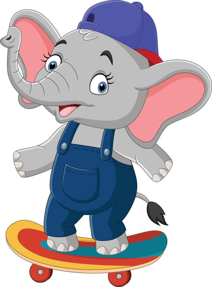 kleiner elefant der karikatur, der skateboard reitet vektor