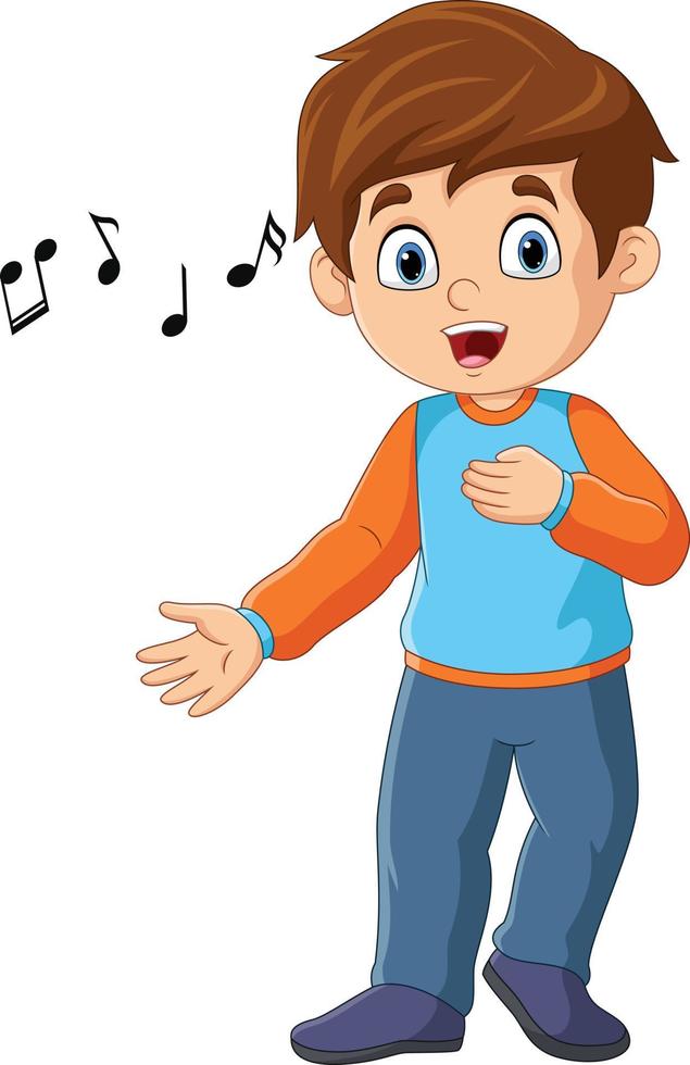 süßer Cartoon des kleinen Jungen, der mit Musiknoten singt vektor