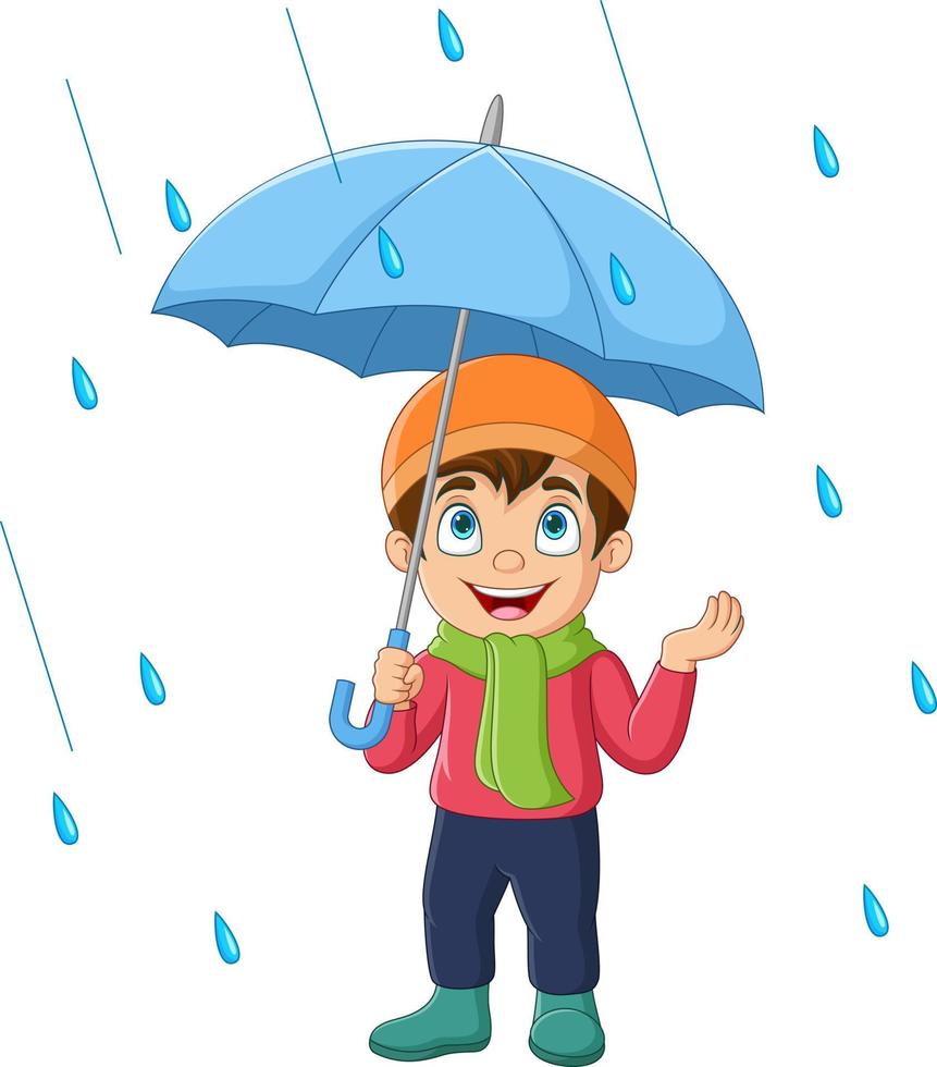 kleiner junge der karikatur, der regenschirm im regen hält vektor