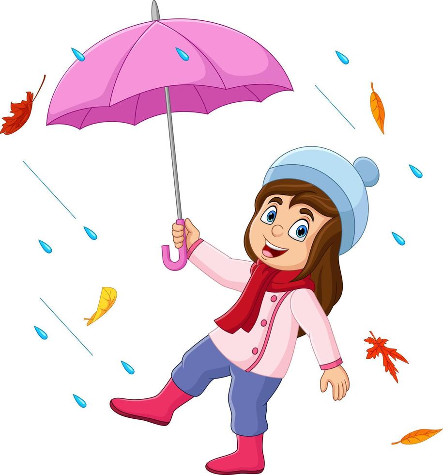 tecknad serie liten flicka innehav paraply i de regn och faller höst löv vektor