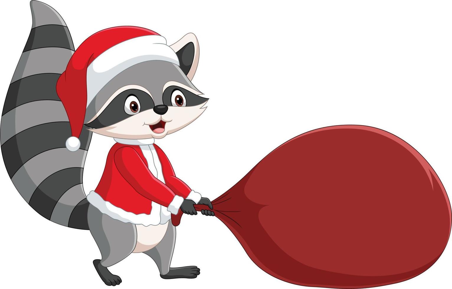 karikatur-waschbär, der weihnachtsmann-kostüm mit roter tasche trägt vektor
