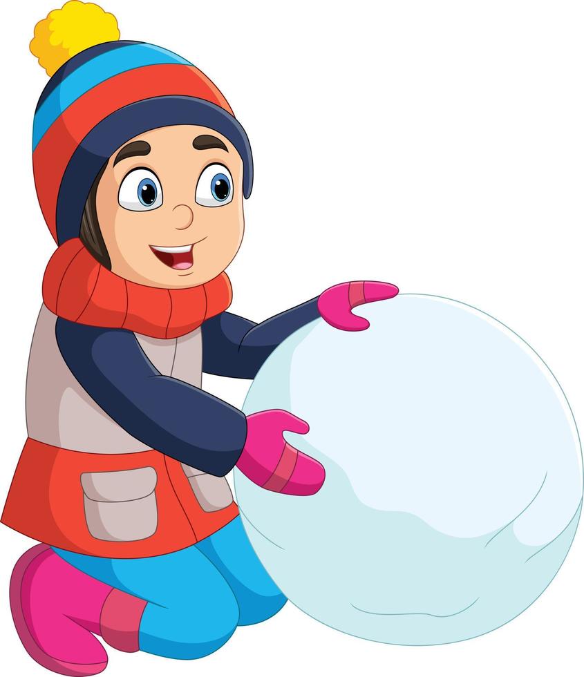tecknad serie liten pojke i vinter- kläder med stor snöboll vektor