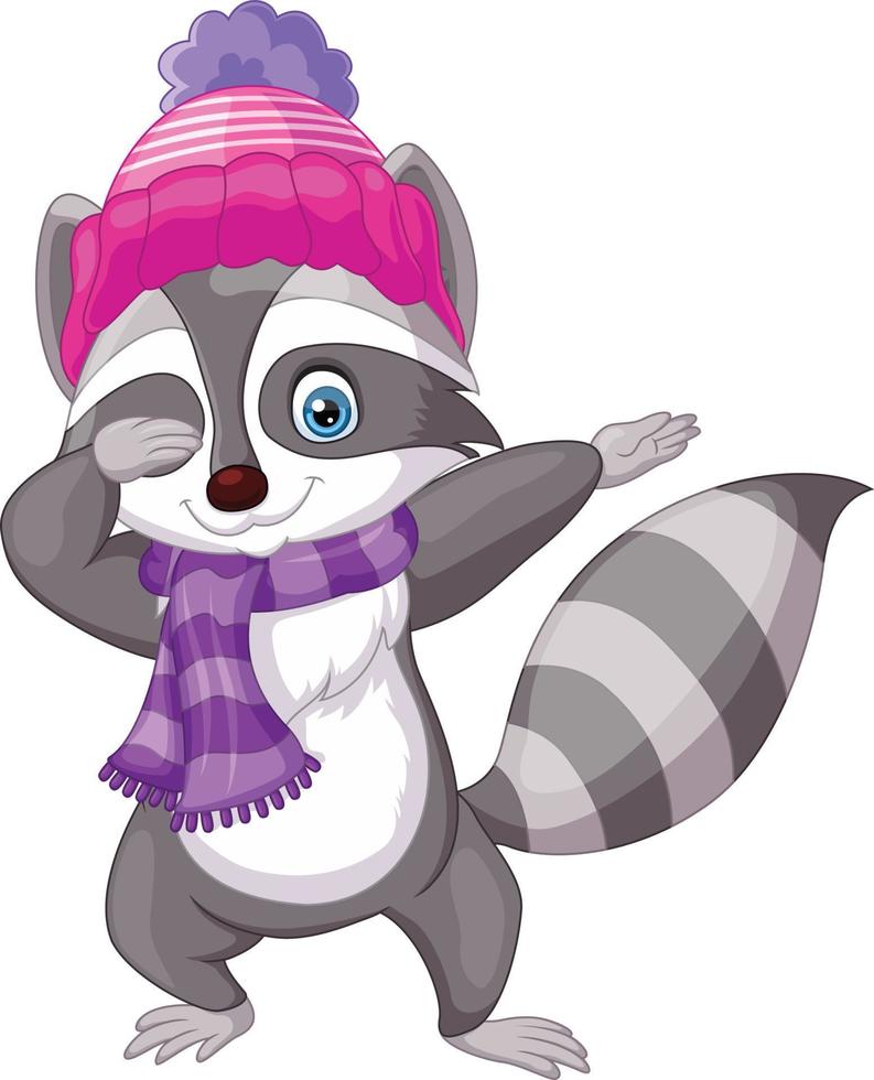tecknad serie tvättbjörn dabbing med hatt och scarf vektor