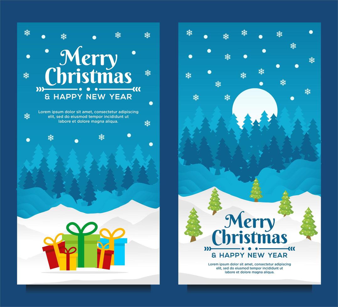 Frohe Weihnachten und Frohes Neues Jahr Banner Vorlage mit Weihnachtsbaum und blauem Hintergrund vektor