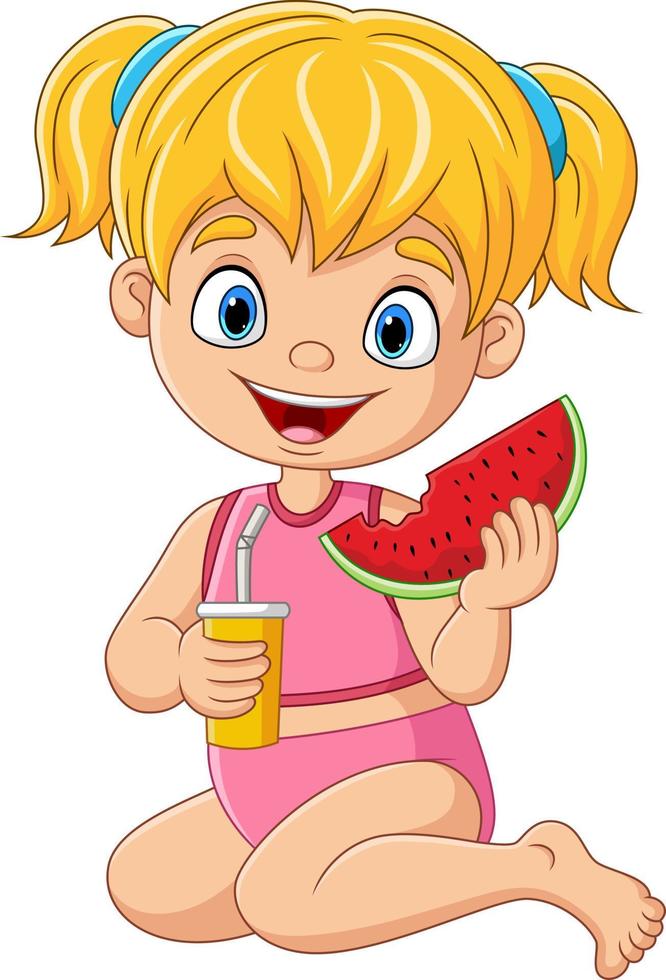 kleines mädchen der karikatur, das wassermelone mit getränk hält vektor