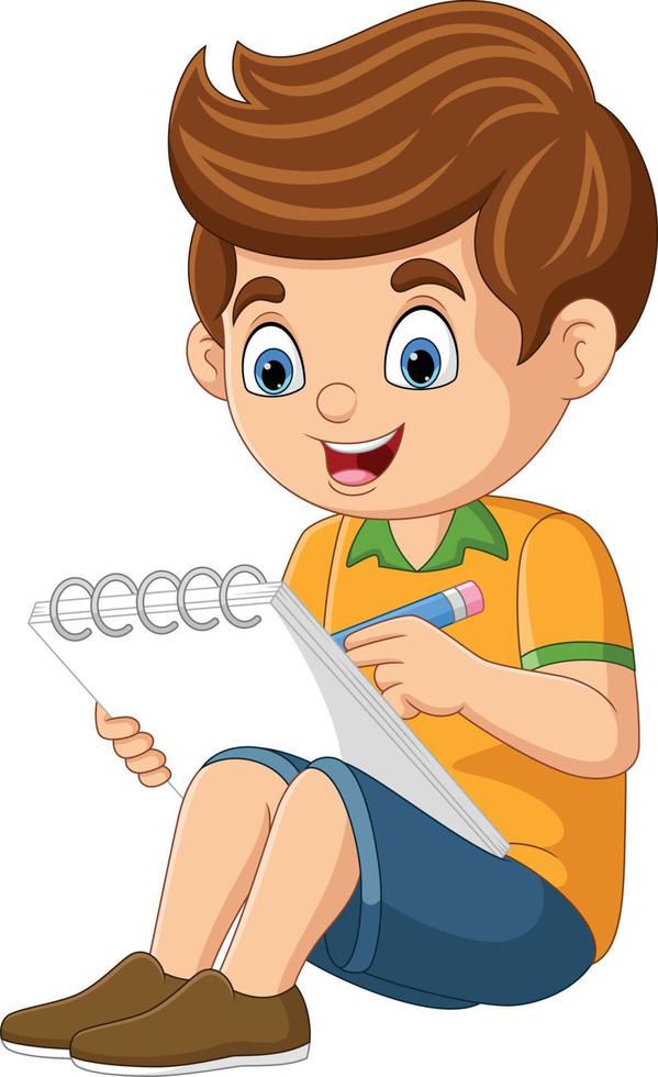 kleiner junge der karikatur, der auf notizbuch sitzt und schreibt vektor
