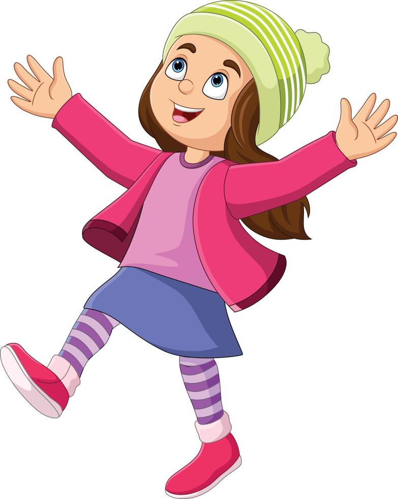 tecknad serie Lycklig liten flicka i vinter- kläder vektor