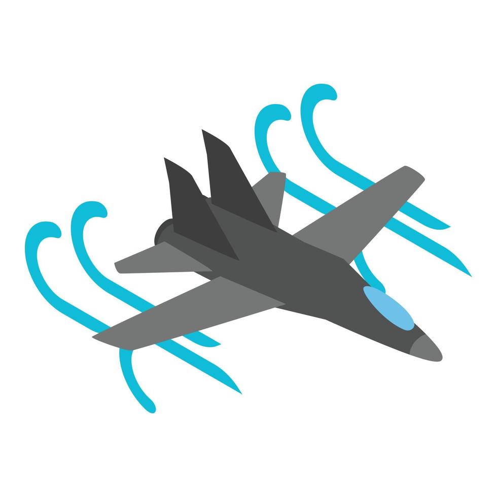 isometrischer vektor der militärischen kämpferikone. Modernes Kriegsflugzeug, das im Luftstrom-Symbol fliegt