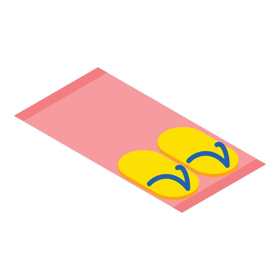 Meer Urlaub Symbol isometrischer Vektor. rosa Strandtuch und gelbes Flip-Flops-Symbol vektor