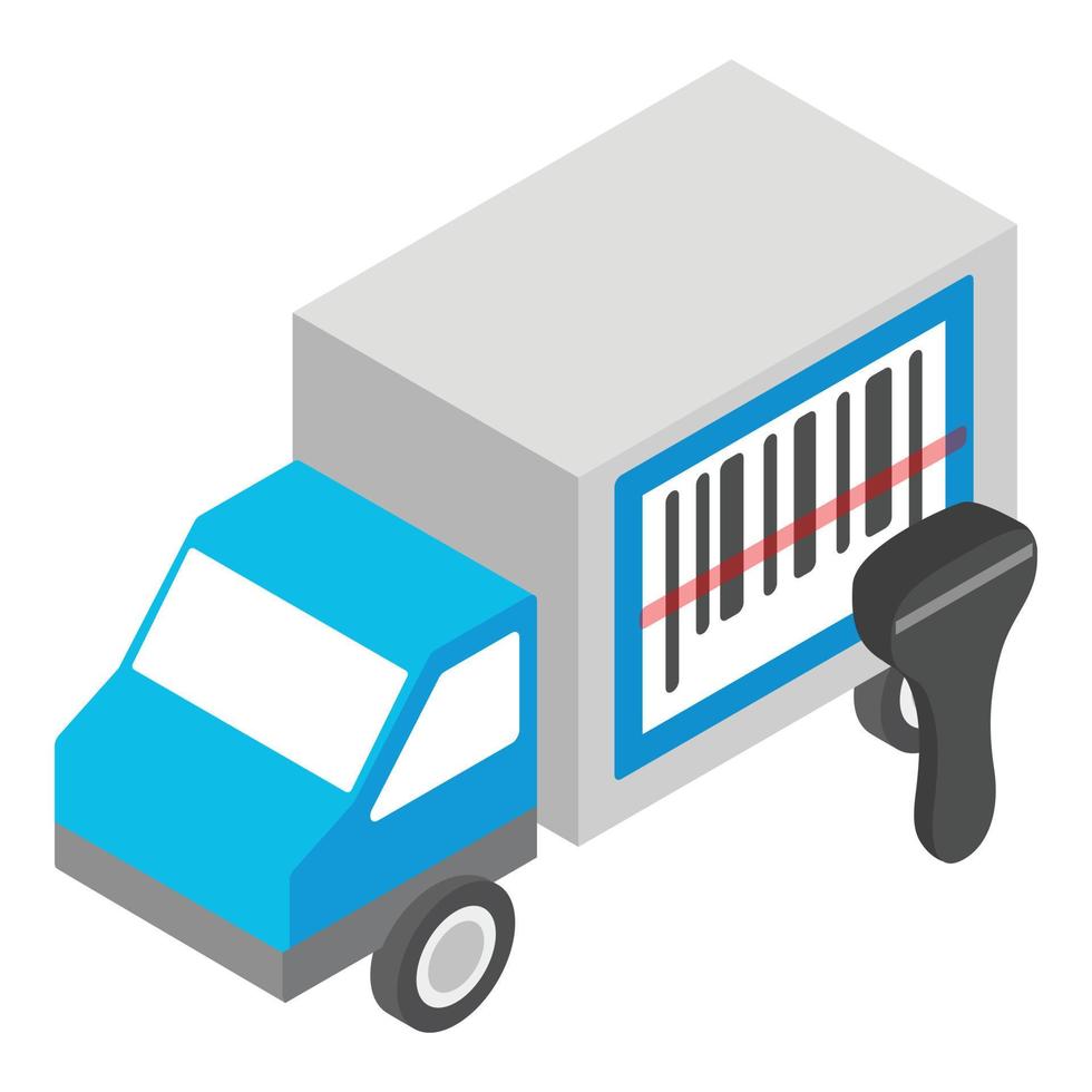 Lieferservice-Symbol isometrischer Vektor. LKW mit Barcode und Barcodescanner vektor