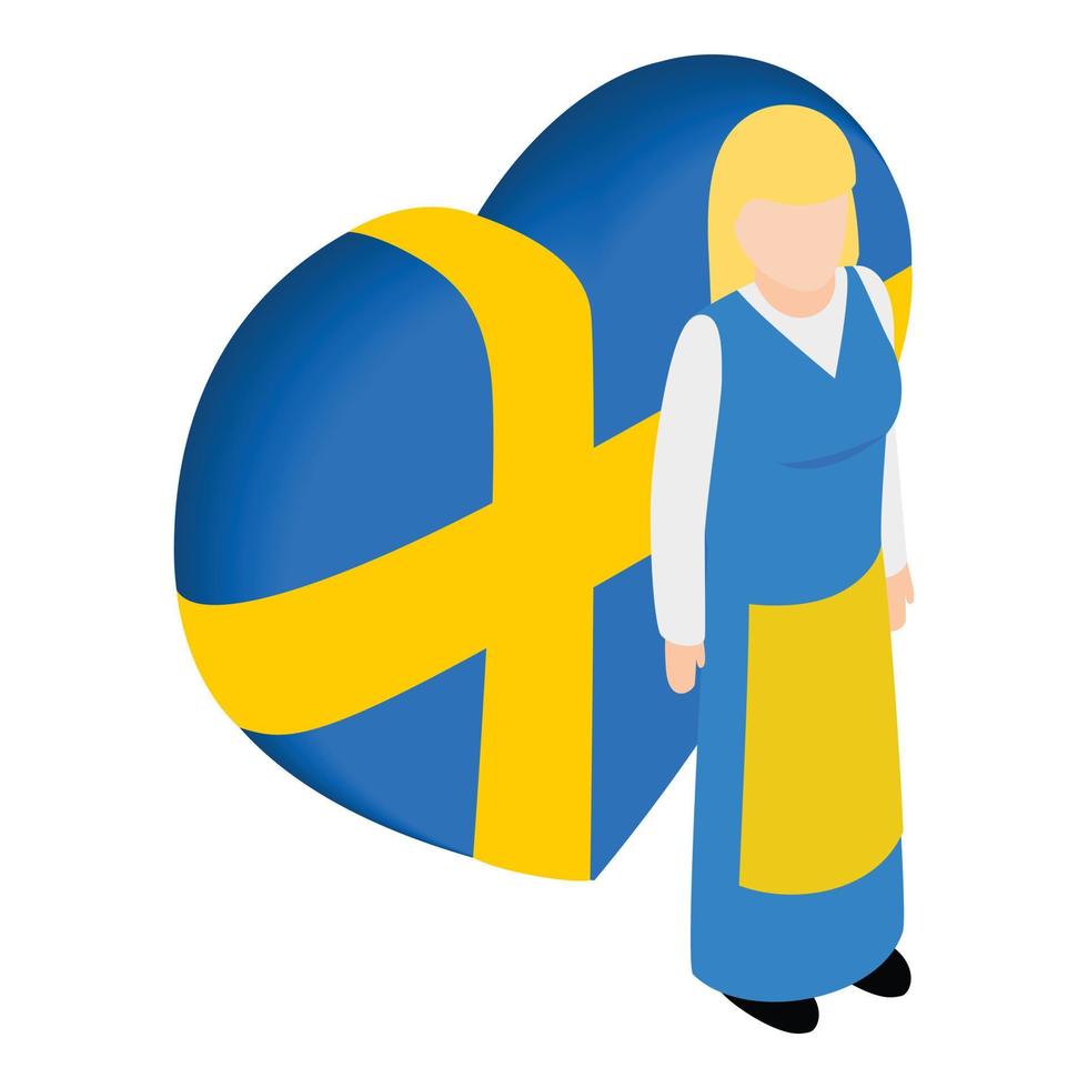 Isometrischer Vektor der schwedischen Frauenikone. Mädchen in Tracht in der Nähe der Landesflagge