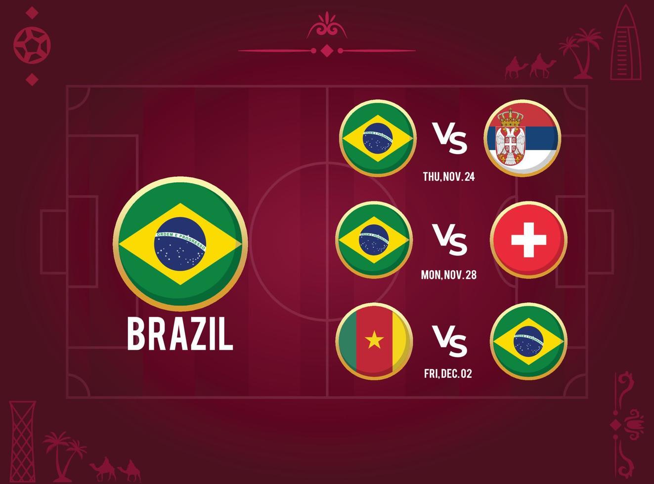 Allt match scheman av värld mästerskap för Brasilien fotboll team med tid och datum vektor